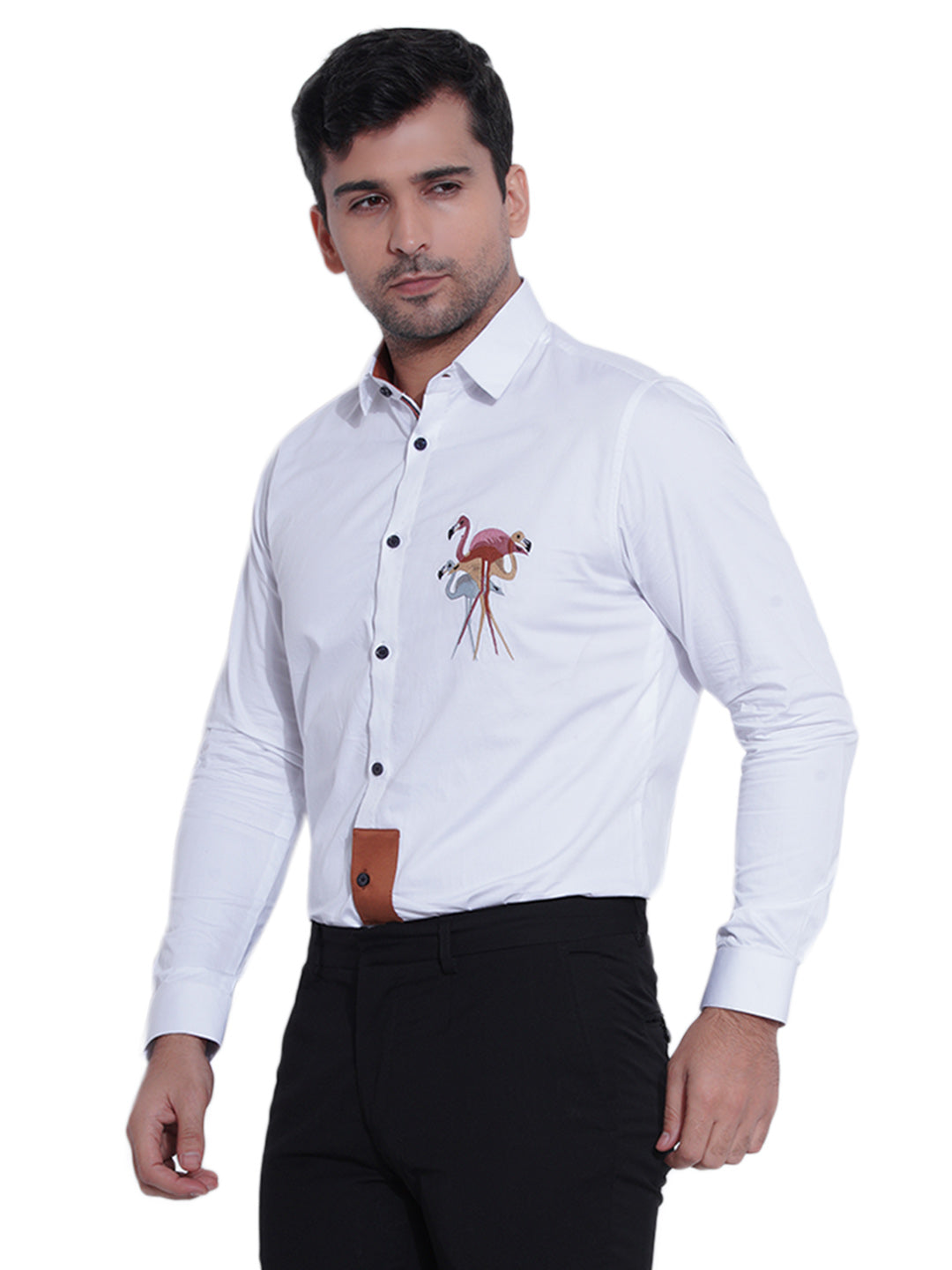 Abkasa Men White Embroidered Collar Shirt