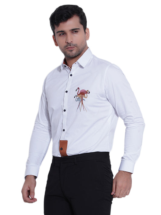 Abkasa Men White Embroidered Collar Shirt
