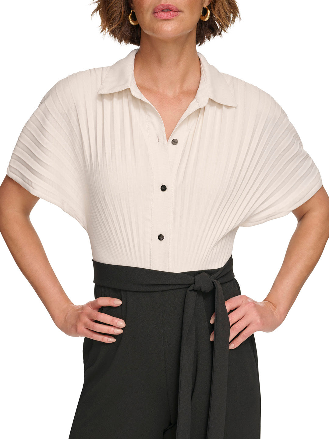 DKNY Women Black Printed Shirt Collar Short Sleeves Jumpsuit