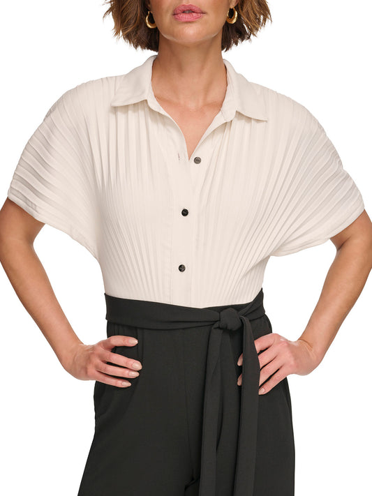 DKNY Women Black Printed Shirt Collar Short Sleeves Jumpsuit