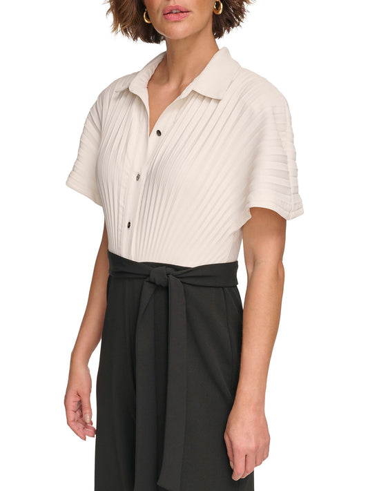 DKNY Women Black Printed Shirt Collar Short Sleeves Jumpsuit