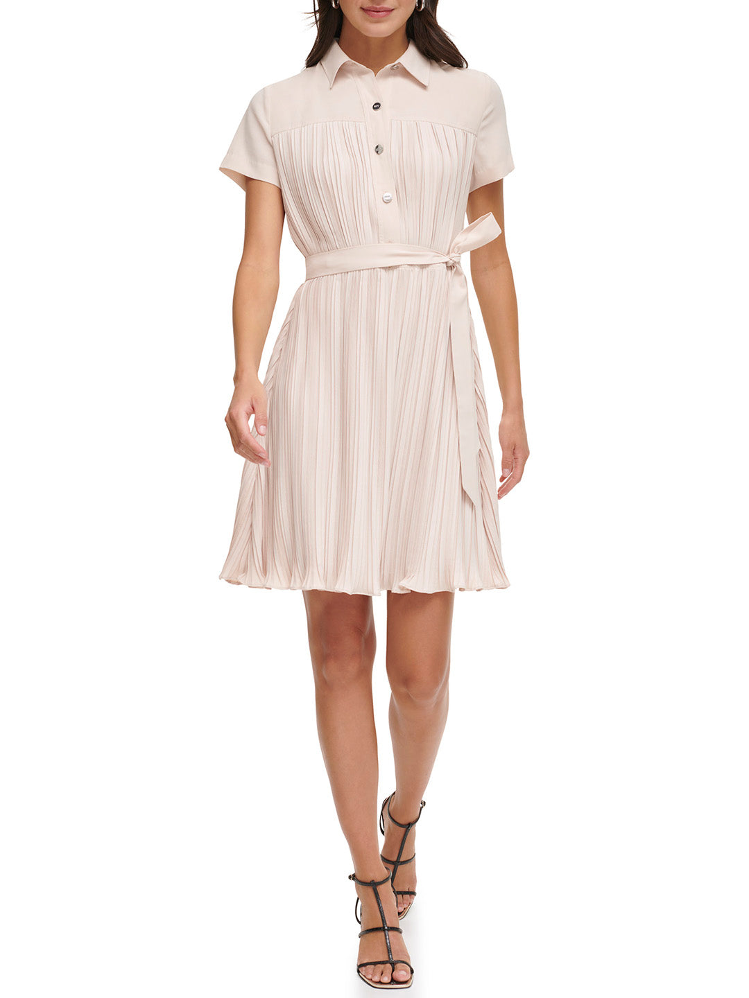 DKNY Women Beige Solid Shirt Collar Short Sleeves Dress