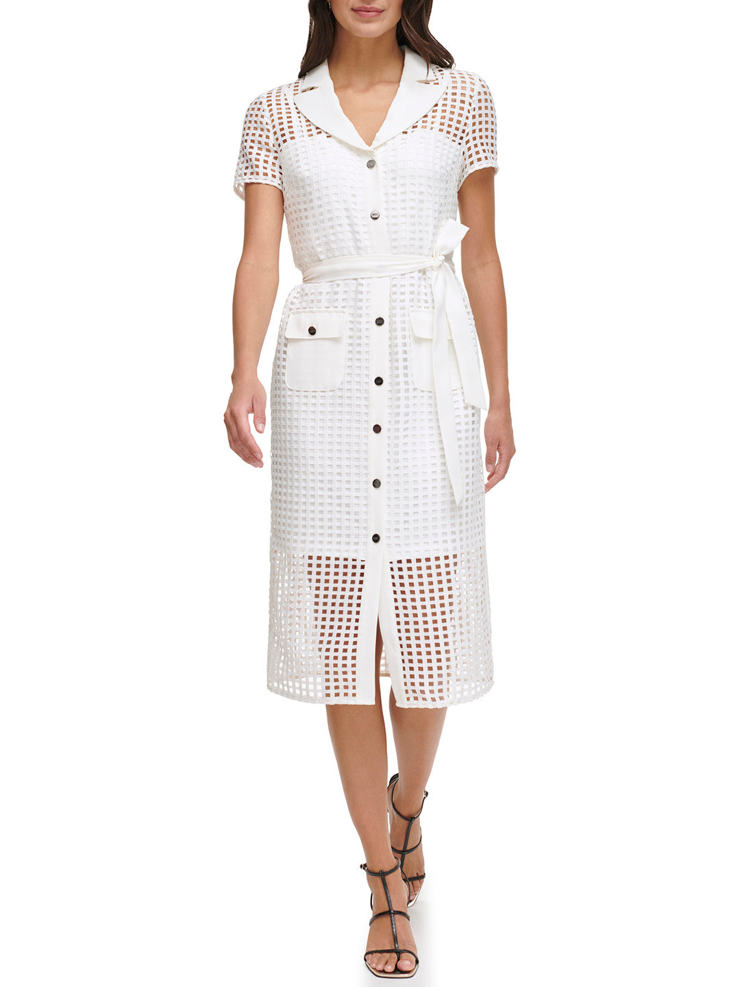 DKNY Women Cream Solid Shirt Collar Short Sleeves Dress