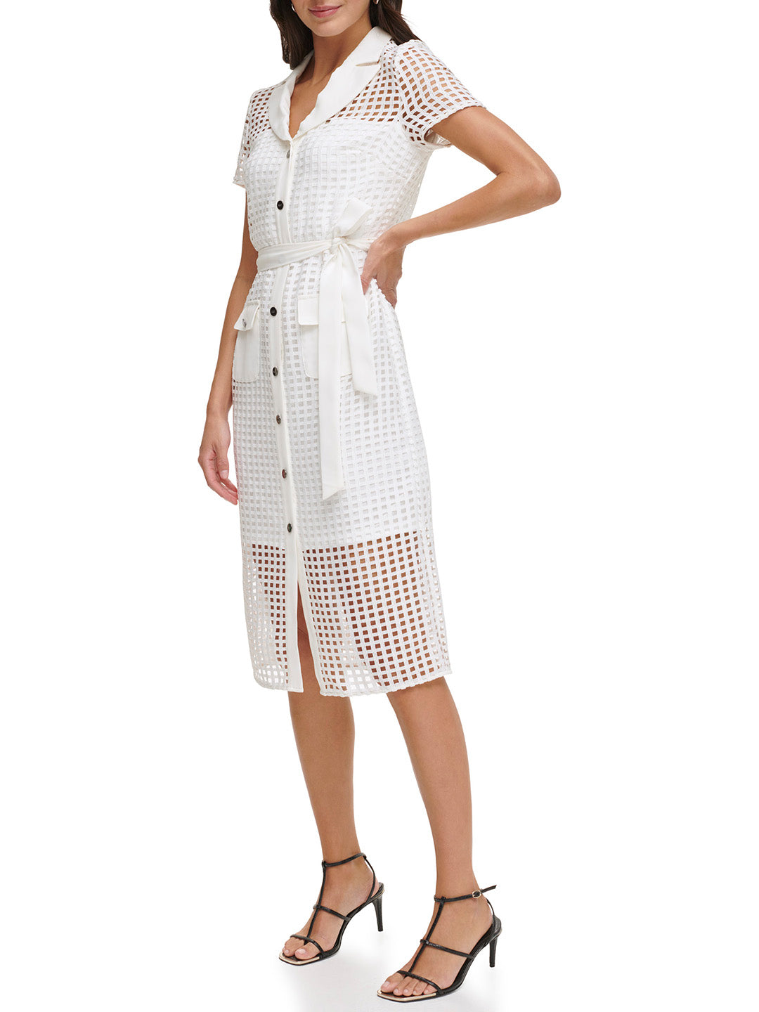 DKNY Women Cream Solid Shirt Collar Short Sleeves Dress