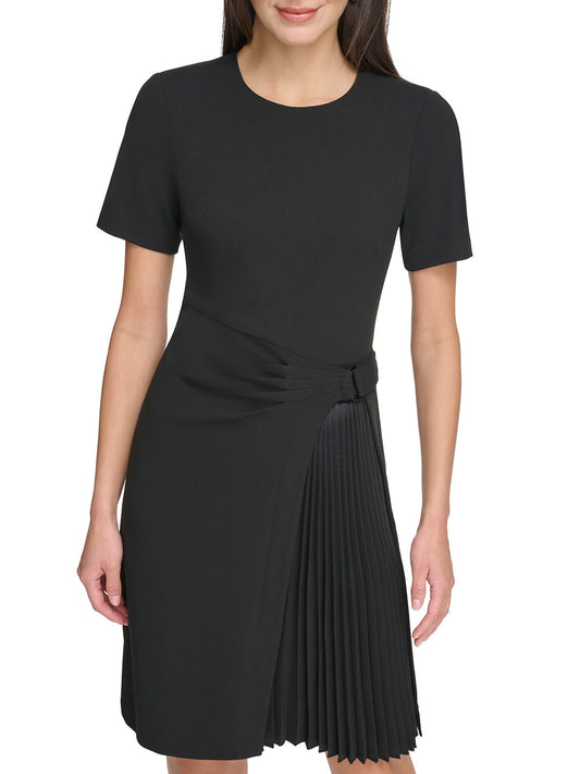 DKNY Women Black Solid Round Neck Short Sleeves Dress