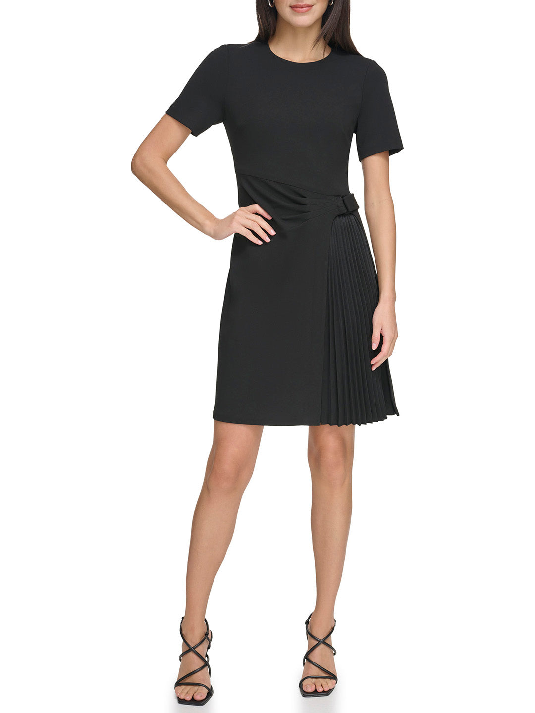 DKNY Women Black Solid Round Neck Short Sleeves Dress