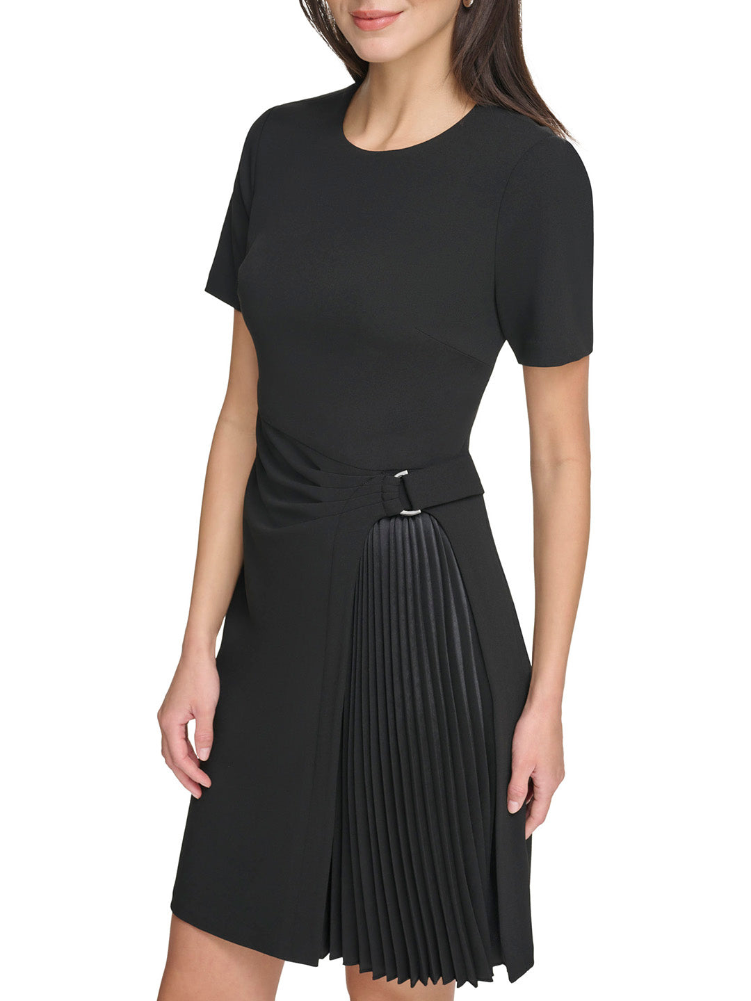 DKNY Women Black Solid Round Neck Short Sleeves Dress