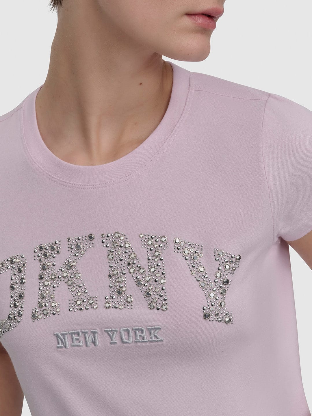 DKNY Women Pink Solid Round Neck Tshirt