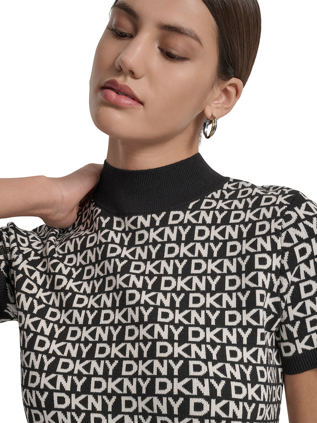 DKNY Women Black Jacquard Round Neck Dress