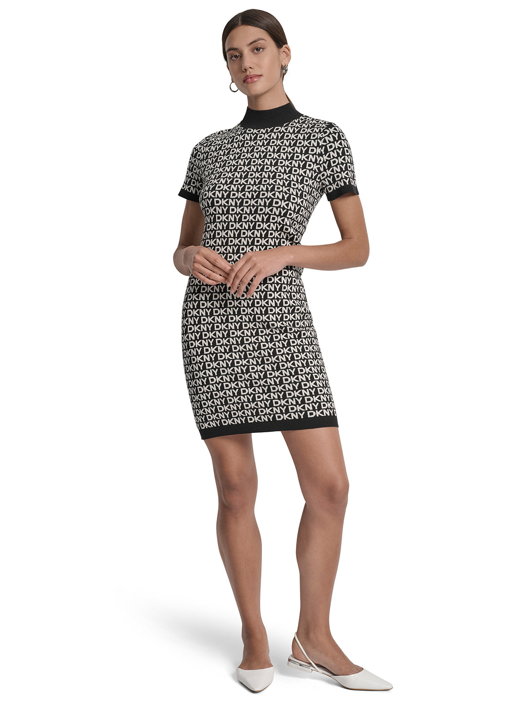 DKNY Women Black Jacquard Round Neck Dress