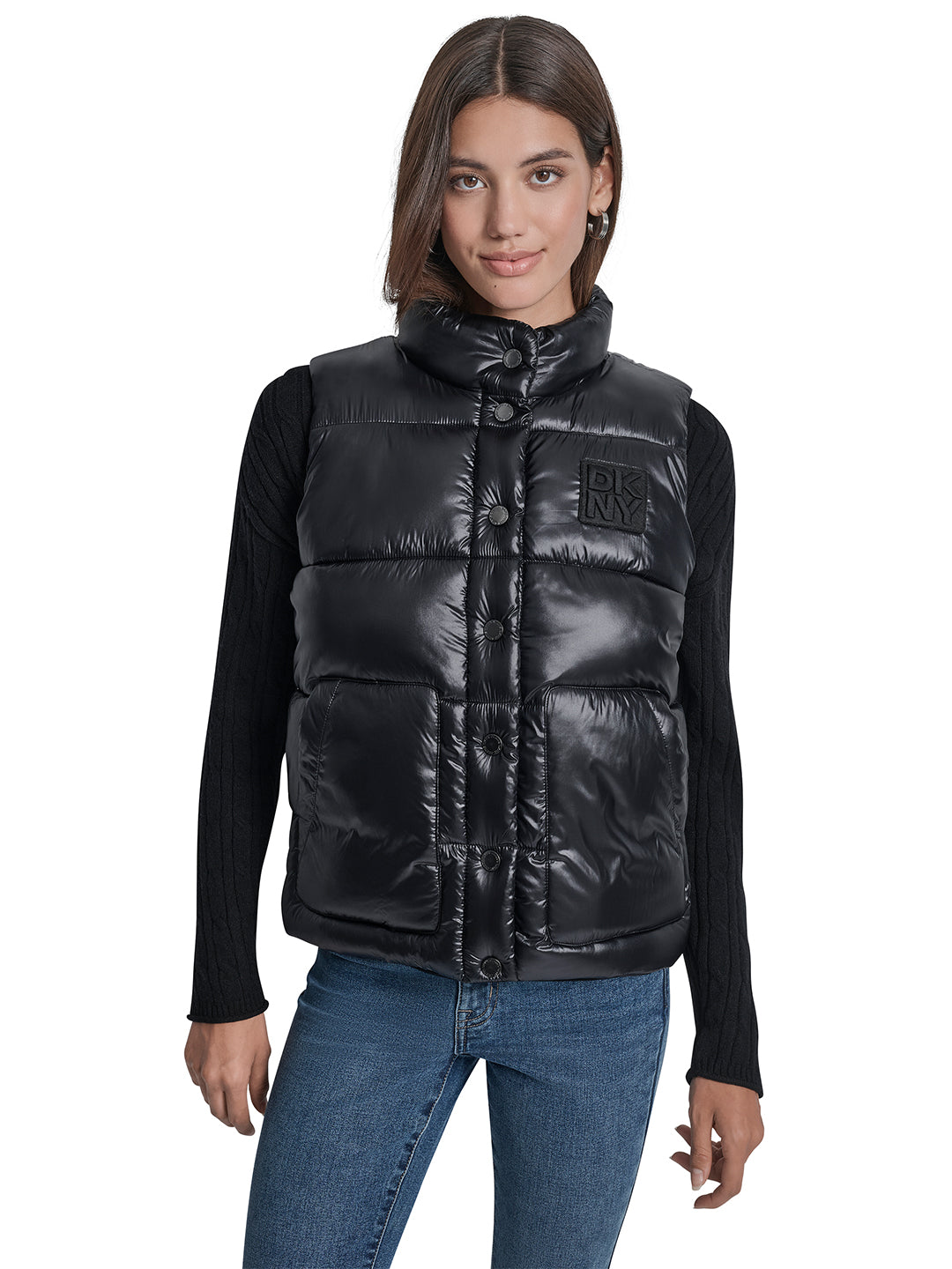 DKNY Women Black Solid Stand Collar Jacket