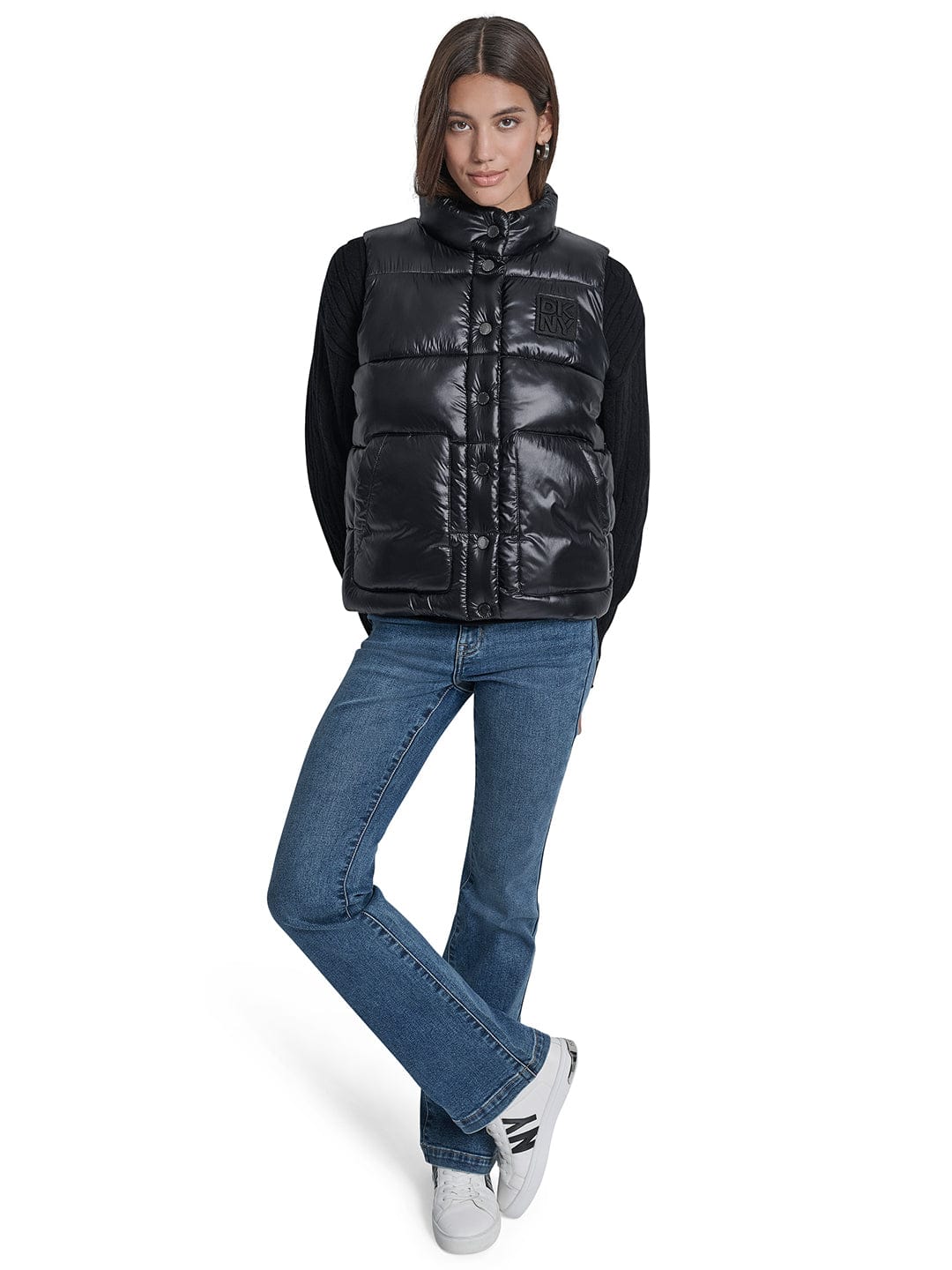 DKNY Women Black Solid Stand Collar Jacket