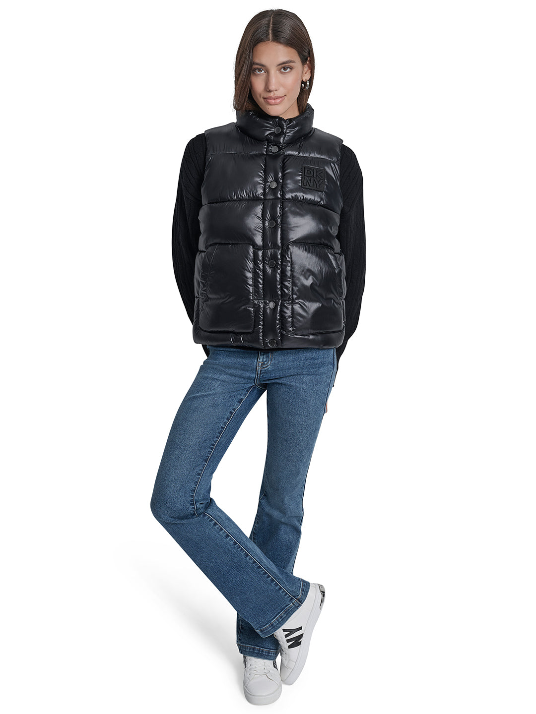 DKNY Women Black Solid Stand Collar Jacket