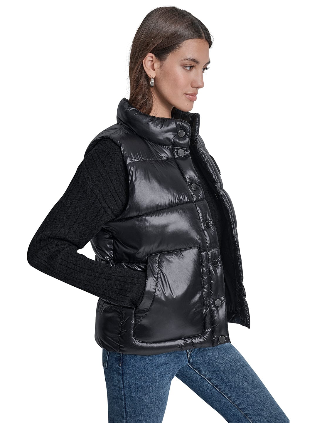 DKNY Women Black Solid Stand Collar Jacket