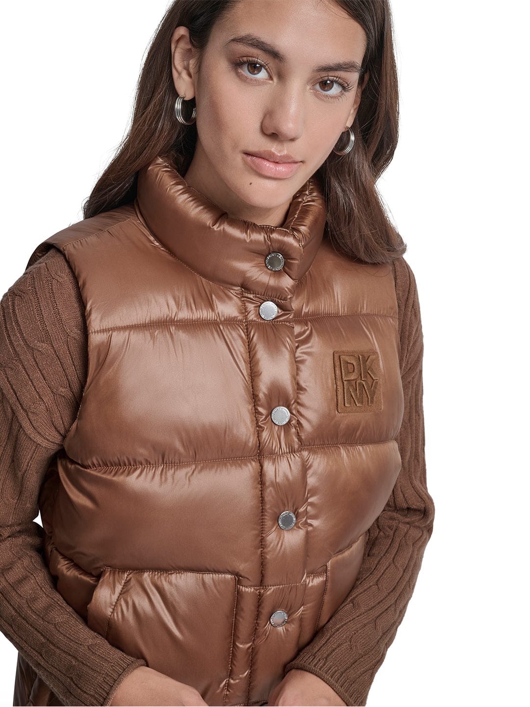 DKNY Women Brown Solid Stand Collar Jacket