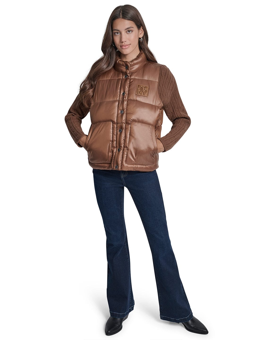 DKNY Women Brown Solid Stand Collar Jacket