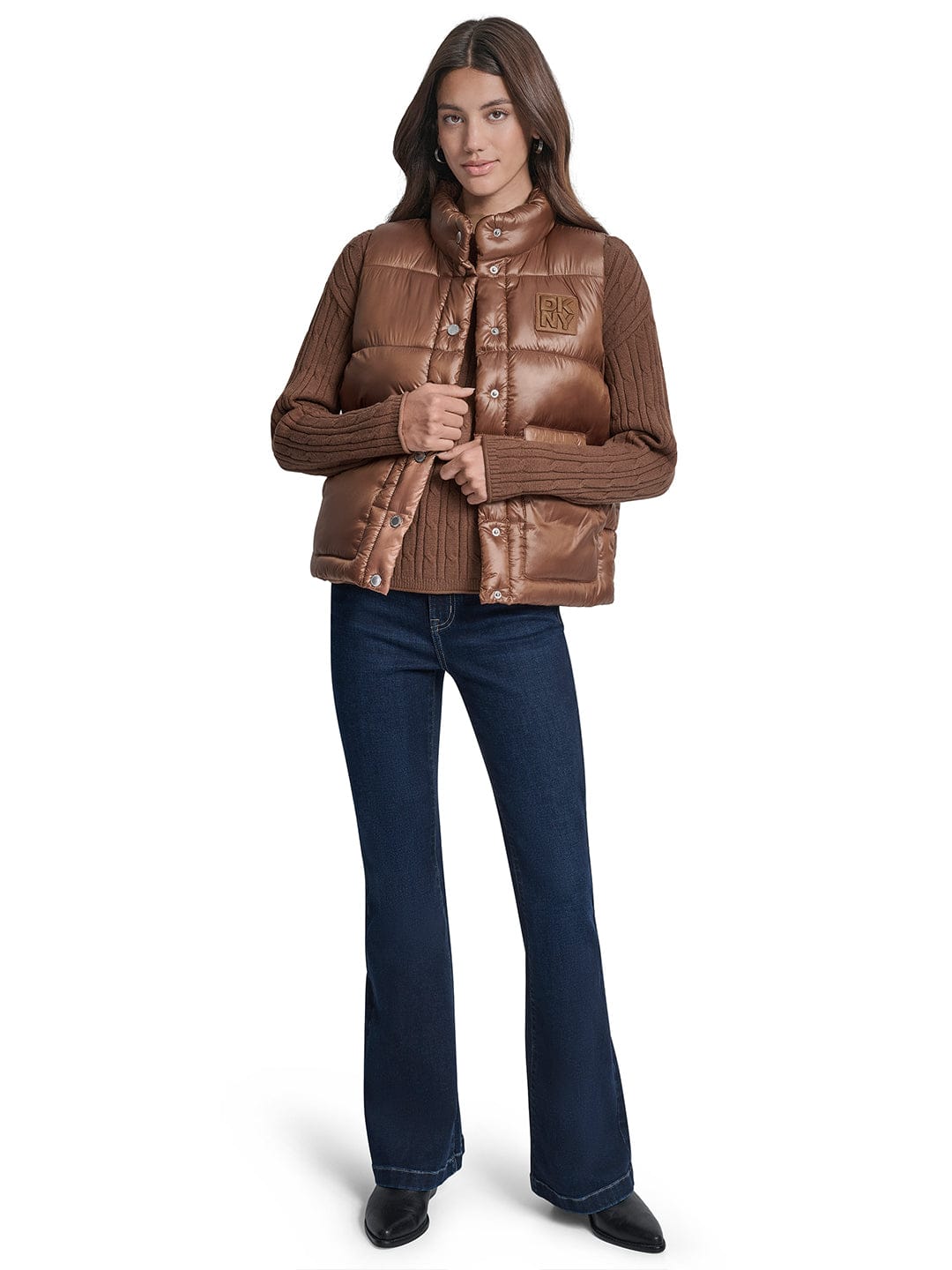 DKNY Women Brown Solid Stand Collar Jacket