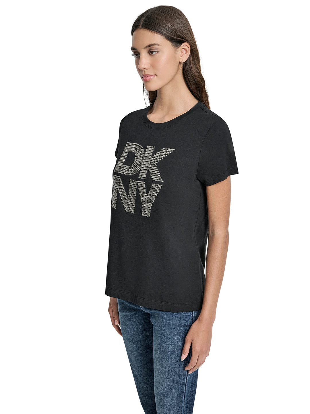 DKNY Women Black Embellished Round Neck Tshirt