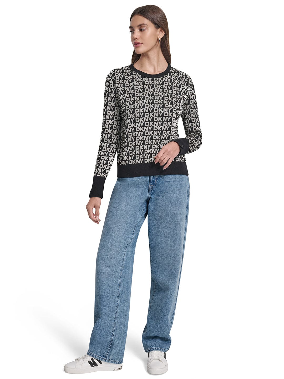 DKNY Women Black Printed Round Neck Sweater