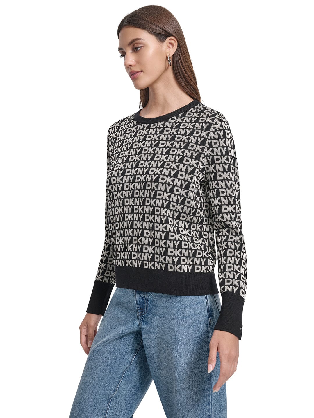 DKNY Women Black Printed Round Neck Sweater