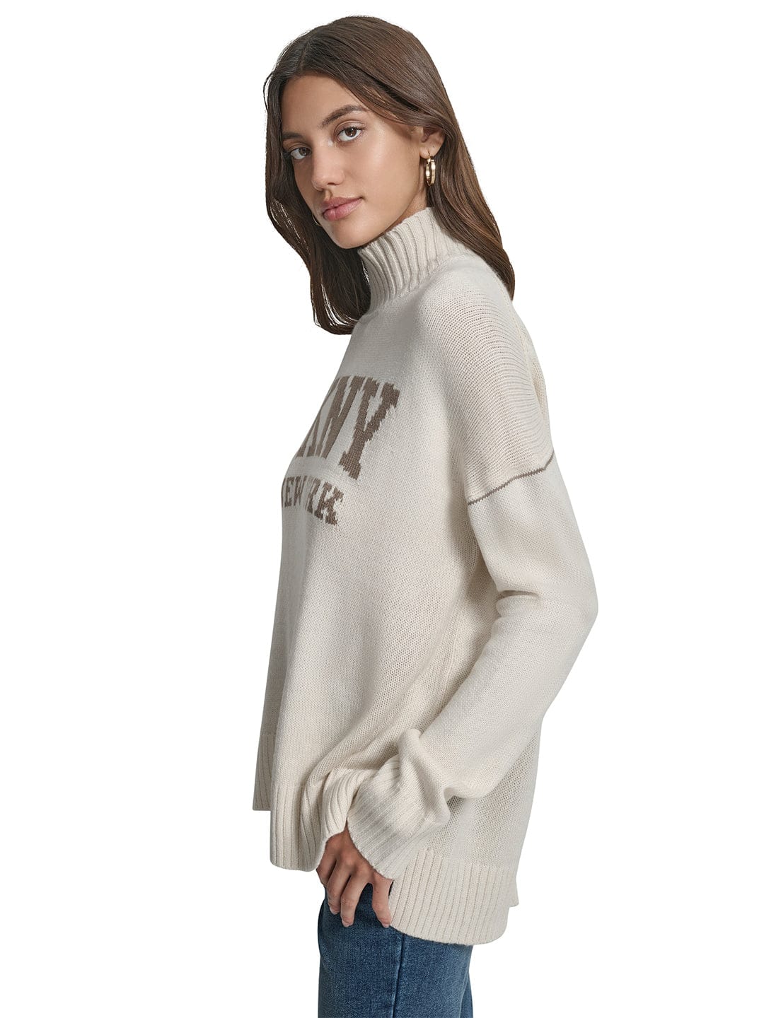 Shop DKNY Women Beige Solid Turtle Neck Sweater Online – Iconic India