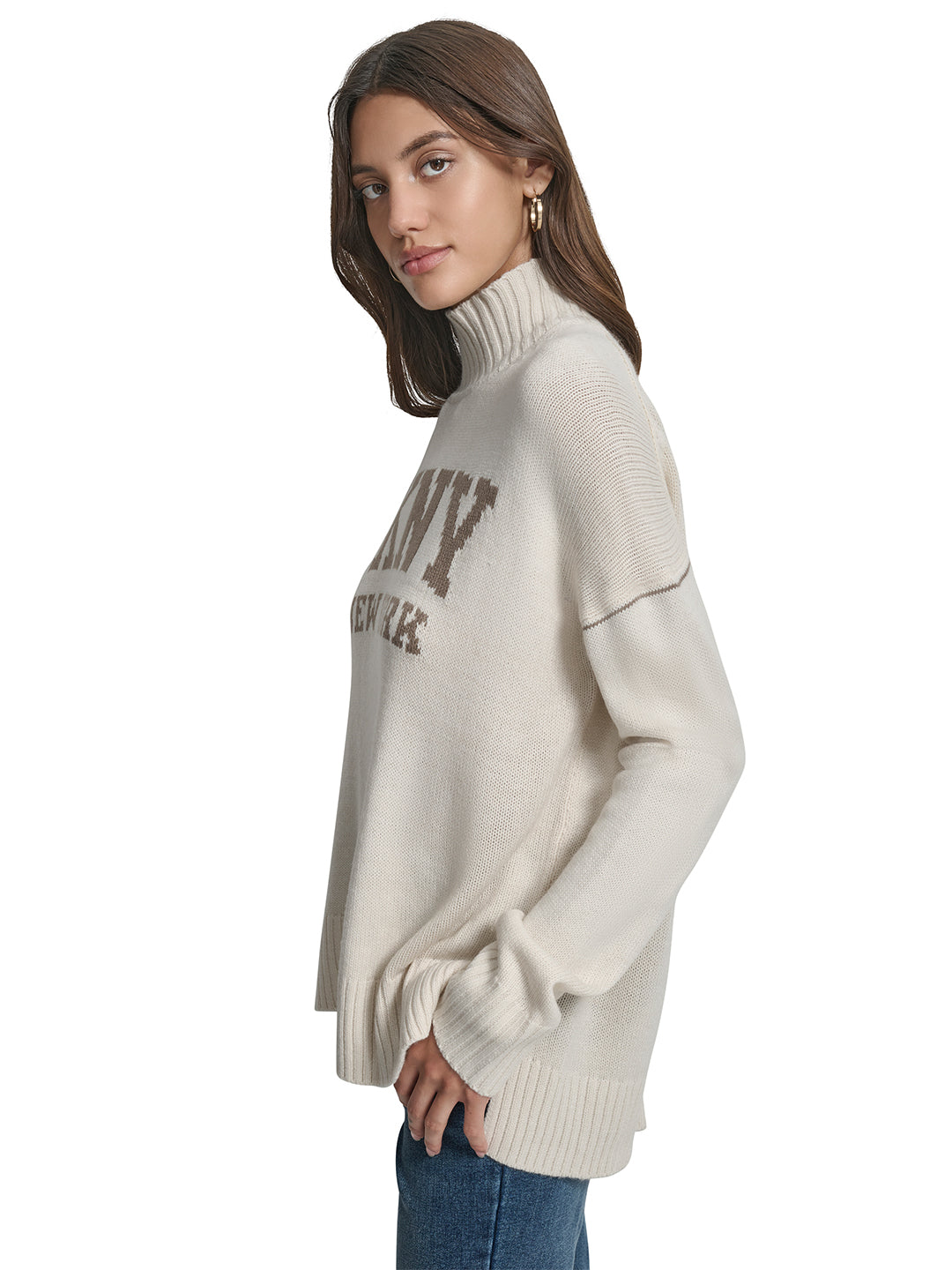 DKNY Women Beige Solid Turtle Neck Sweater
