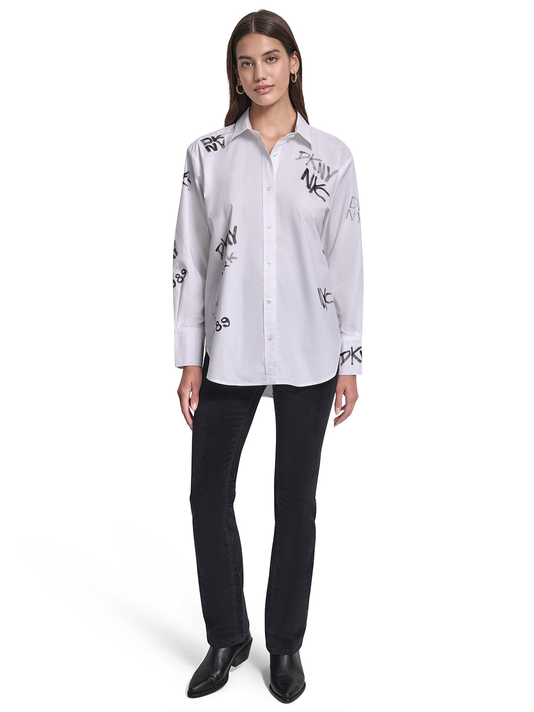 DKNY Women White Placement Print Collar Shirt