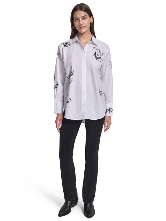 DKNY Women White Placement Print Collar Shirt