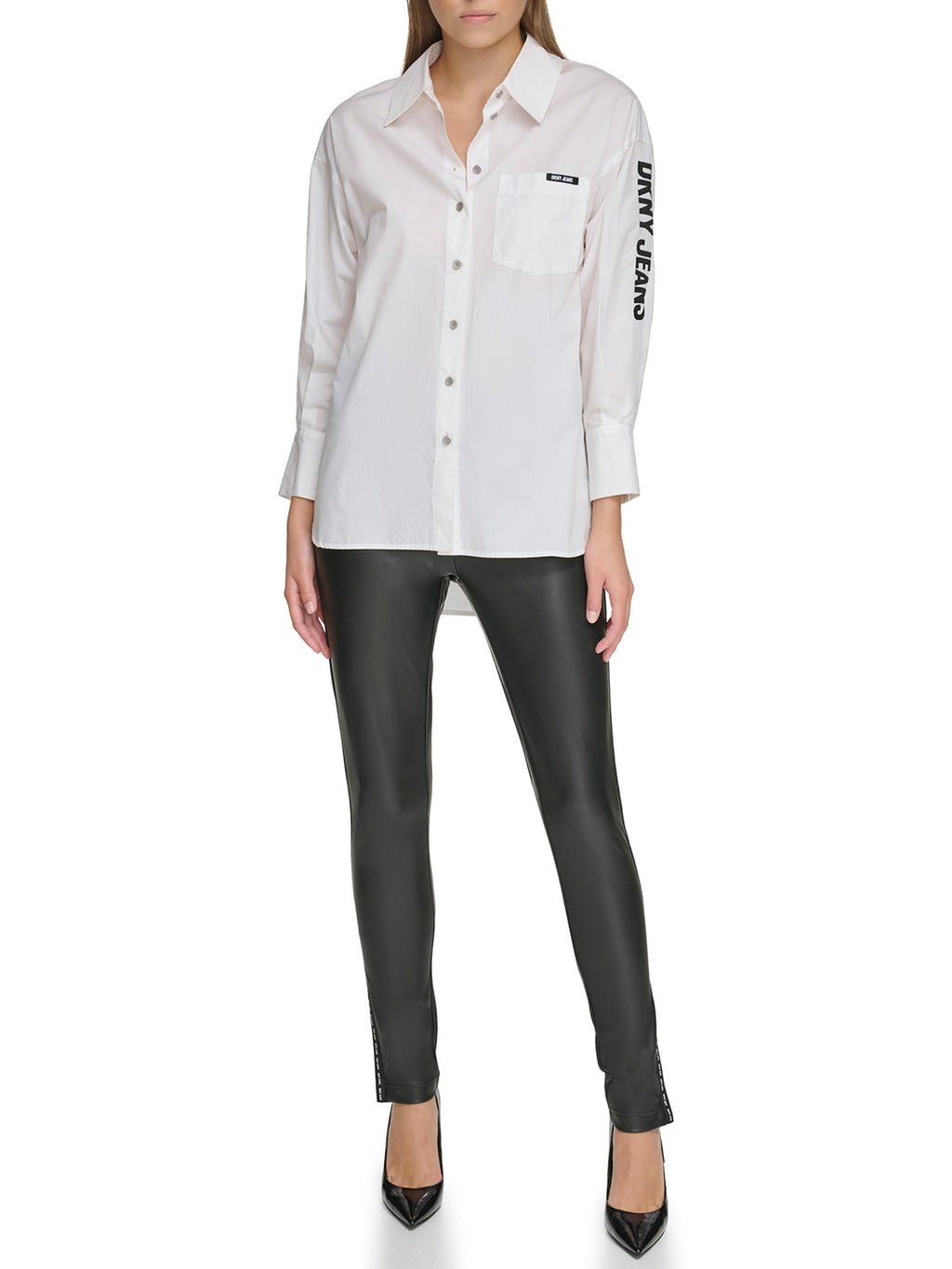 Shop DKNY Women White Printed Spread Collar Full Sleeves Shirt