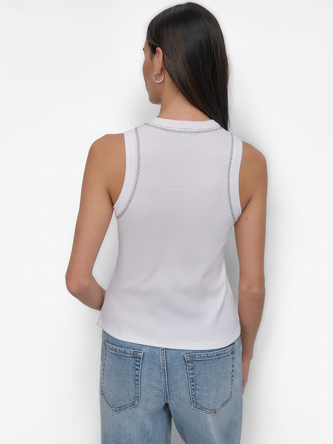 DKNY Women White Embellished Round Neck Top