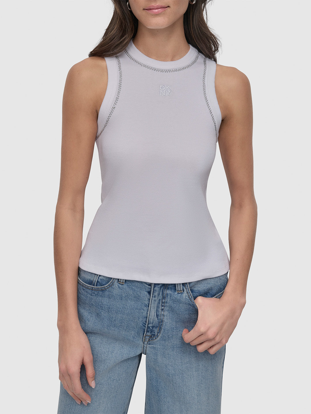 DKNY Women White Embellished Round Neck Top