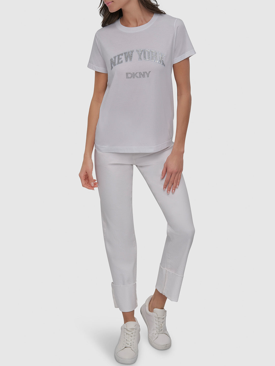 DKNY Women White Embellished Round Neck TShirt