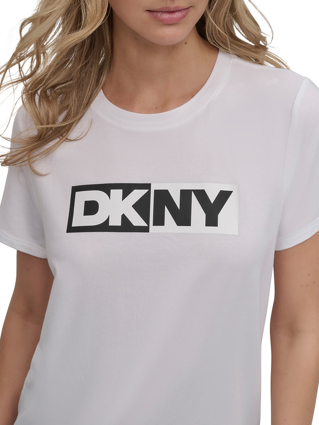 DKNY Women White Solid Round Neck TShirt