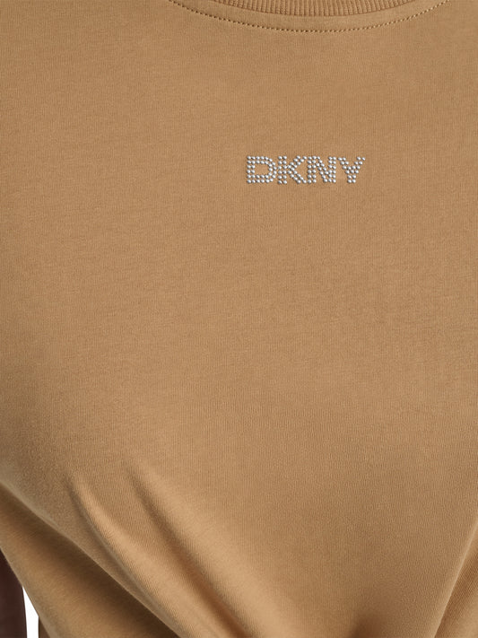 DKNY Women Brown Solid Round Neck Tshirt