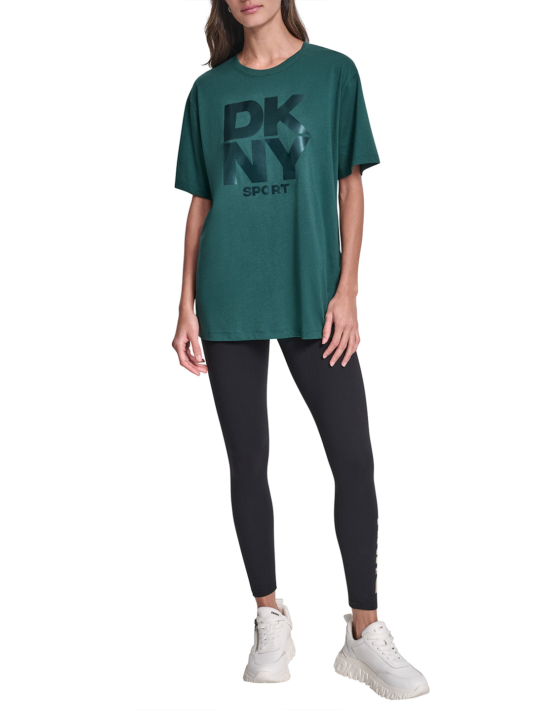 DKNY Women Green Solid Round Neck Tshirt