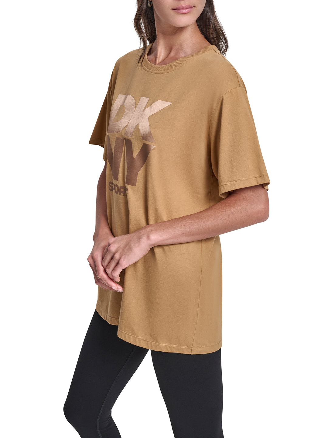 DKNY Women Brown Solid Round Neck Tshirt