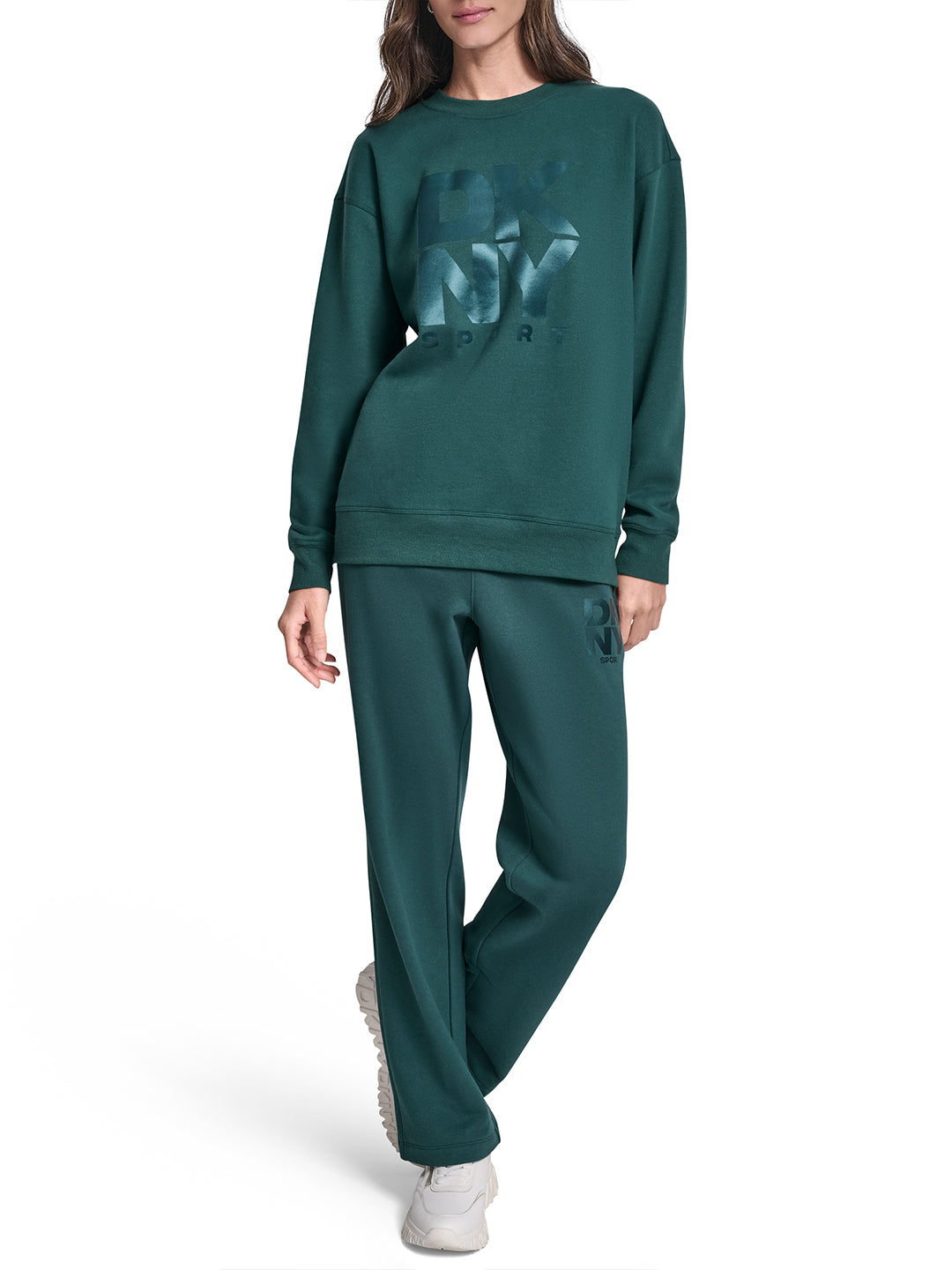 DKNY Women Green Solid Round Neck Sweatshirt