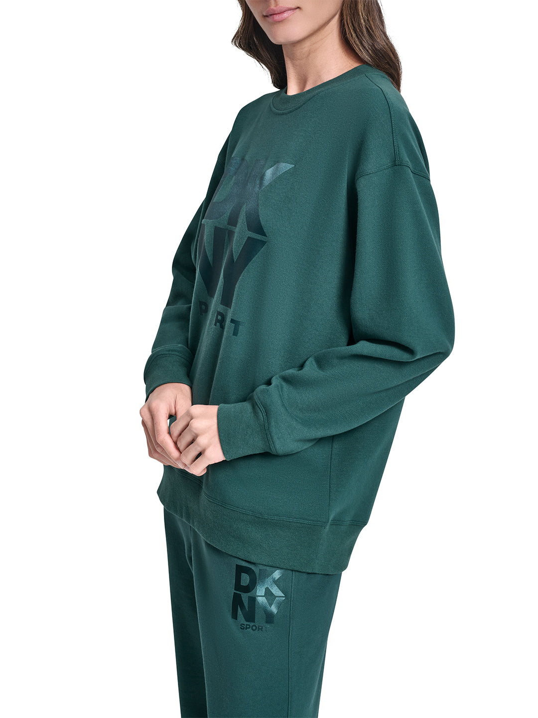 DKNY Women Green Solid Round Neck Sweatshirt