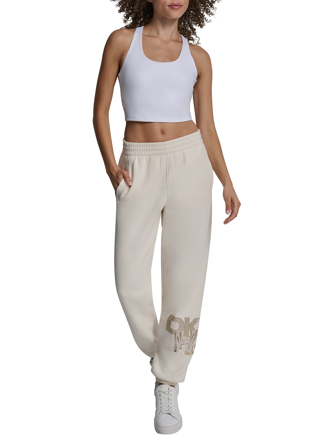 DKNY Women Cream Jogger Placement Print Sweatpant