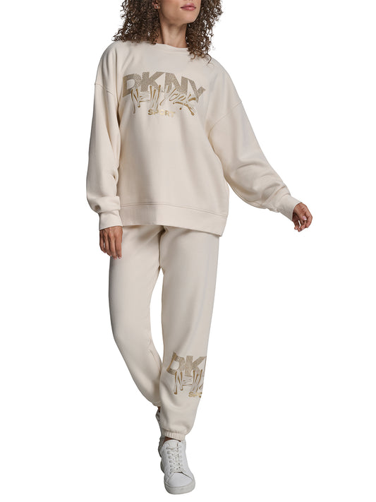 DKNY Women Cream Placement Print Round Neck Sweatshirt
