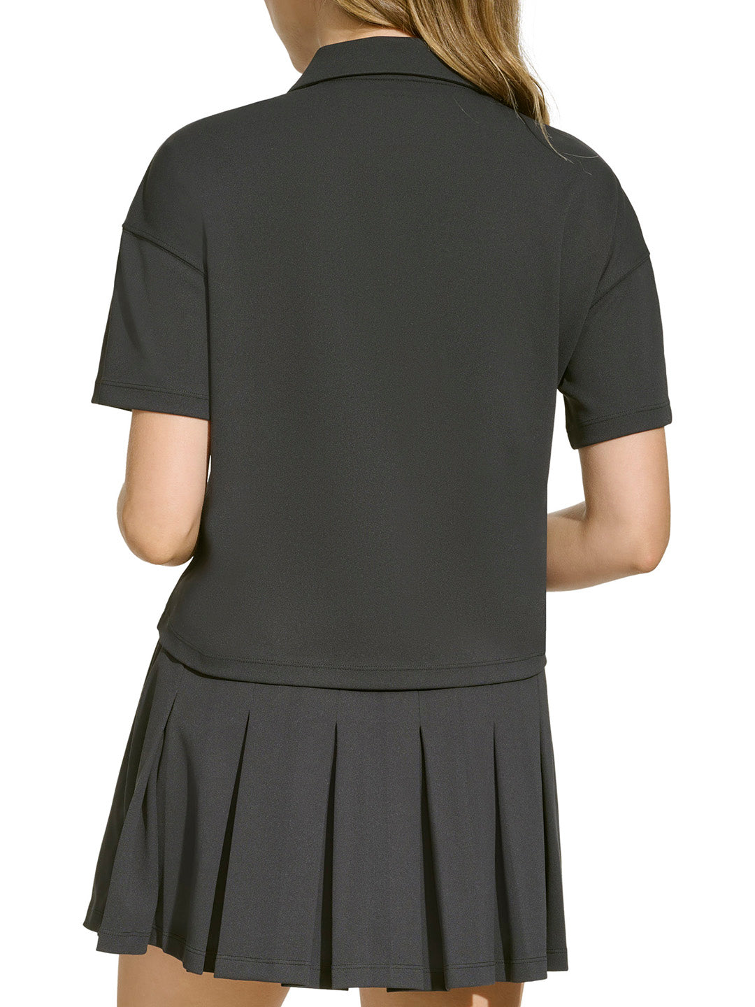 DKNY Women Black Solid Polo Collar Short Sleeves T-Shirt