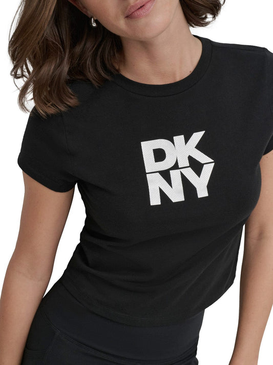 DKNY Women Black Solid Round Neck Tshirt