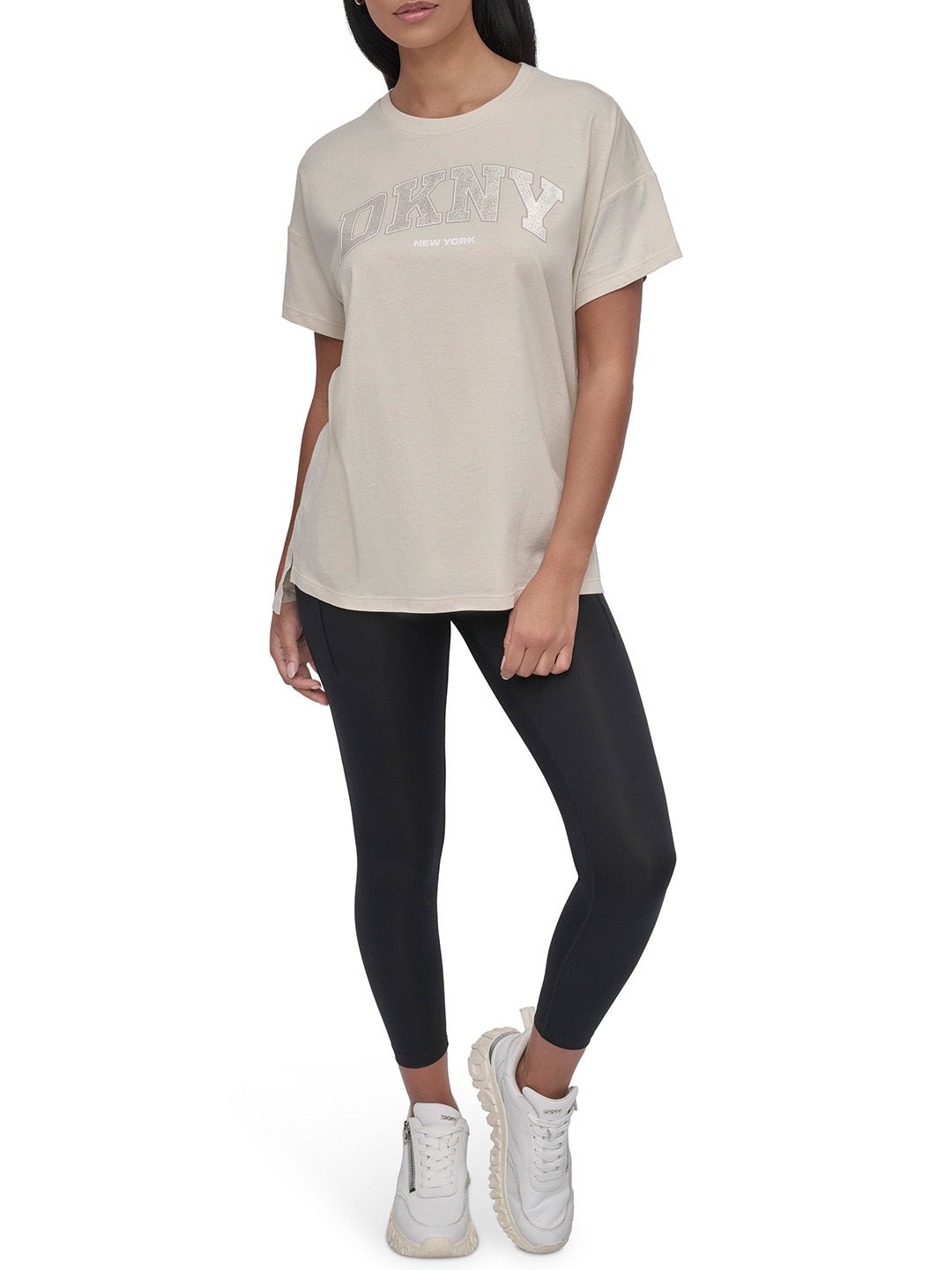 DKNY Women Beige Solid Round Neck TShirt