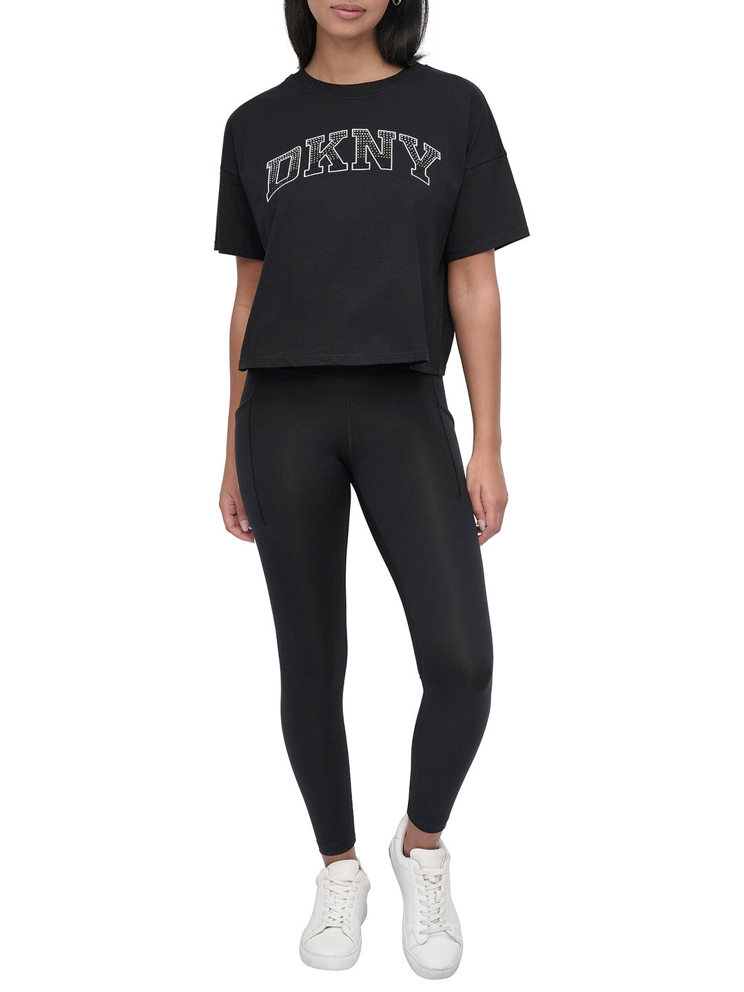 DKNY Women Black Embellished Round Neck Tshirt