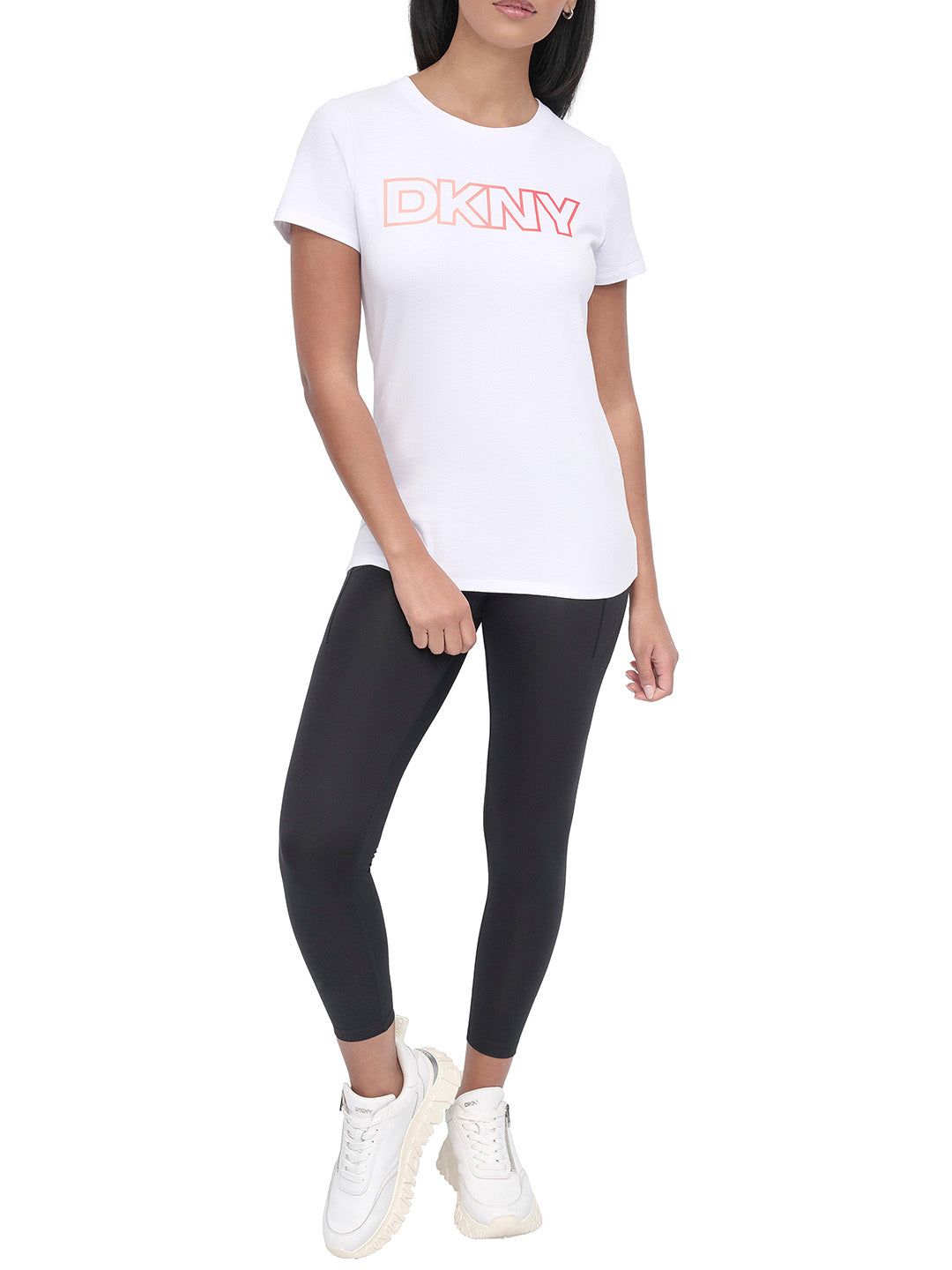 DKNY Women White Solid Round Neck Tshirt