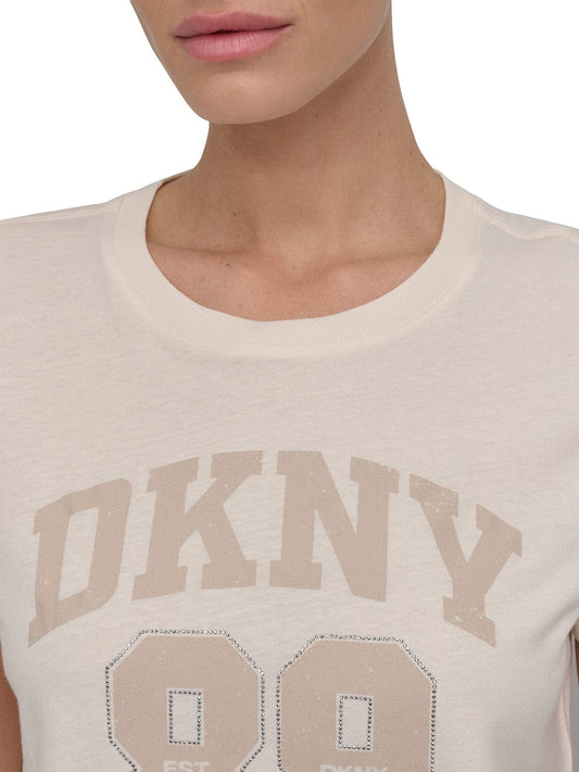 DKNY Women Cream Solid Round Neck Tshirt