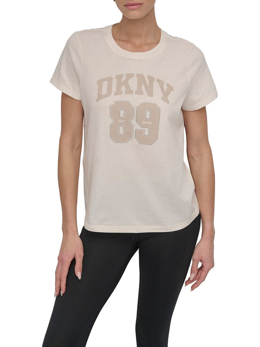 DKNY Women Cream Solid Round Neck Tshirt