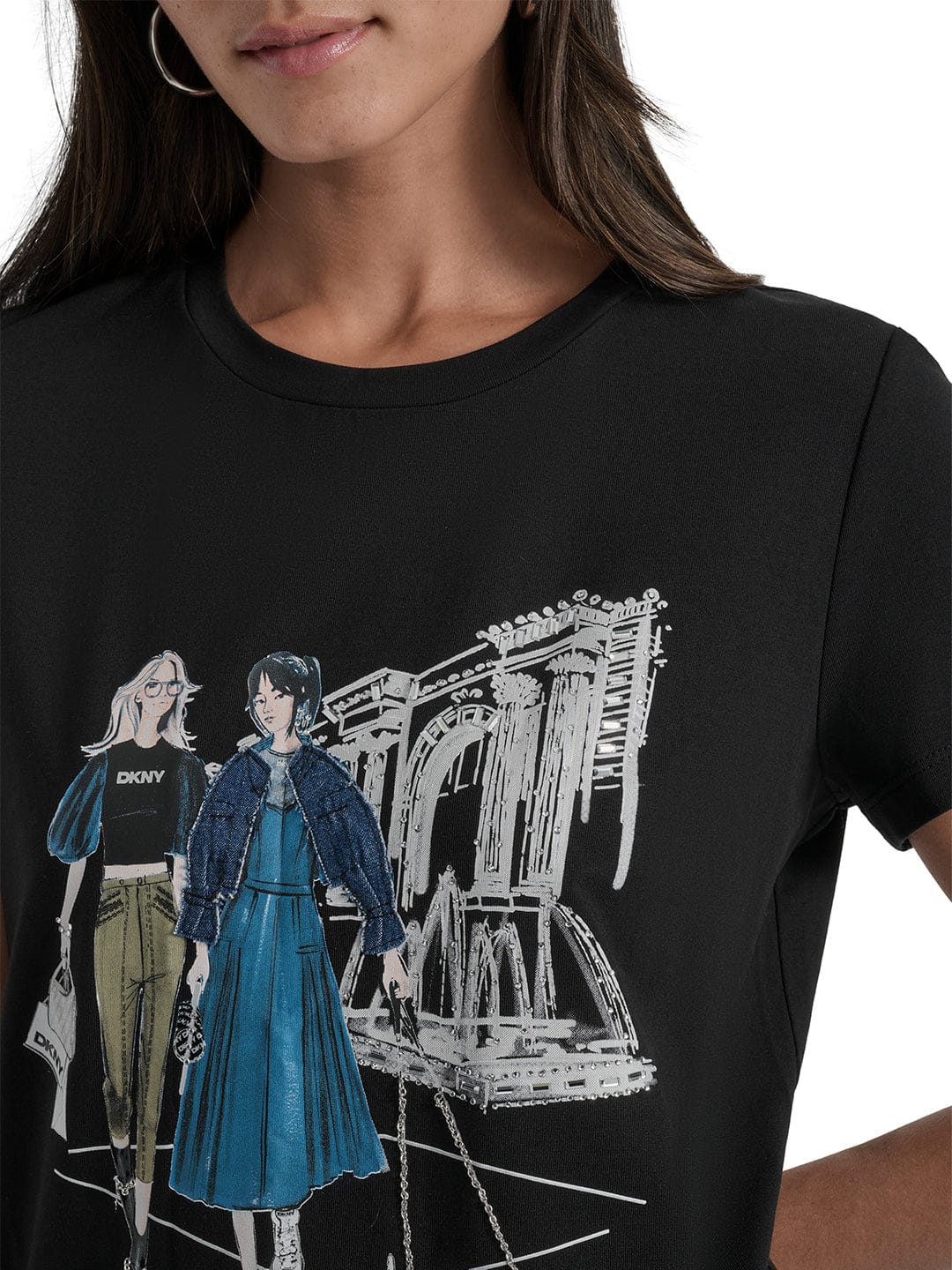 DKNY Women Black Placement Print Round Neck Tshirt