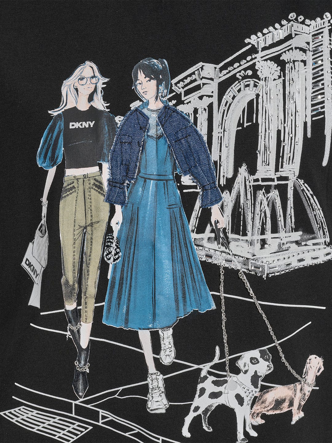 DKNY Women Black Placement Print Round Neck Tshirt