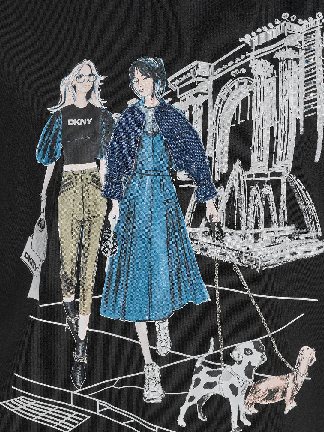 DKNY Women Black Placement Print Round Neck Tshirt